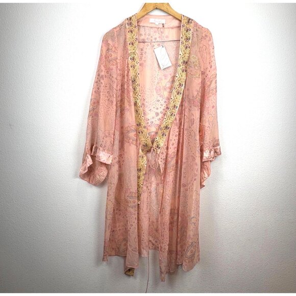 NWT Ebene Patrick Assuline Peach Sheer Kimono Robe Size 2 Duster Embroidered - Picture 2 of 14